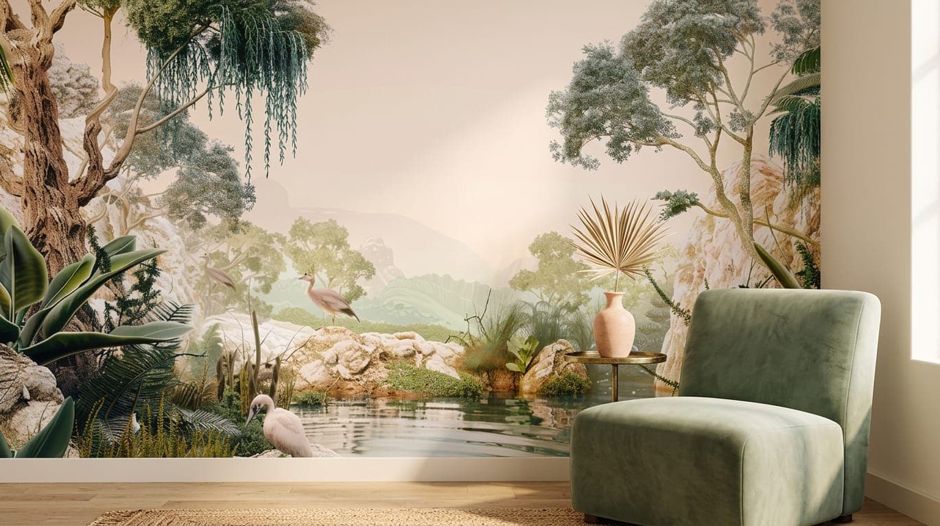 botanisch behang zachtroze oase woonkamer groene stoel pastelkleuren muurdecoratie