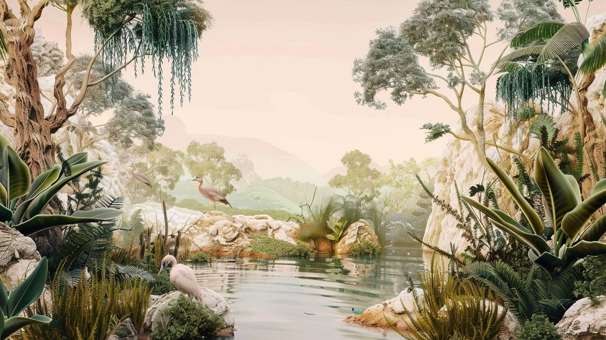Fotobehang Botanische Oase met Zachtroze Licht en Flamingo’s