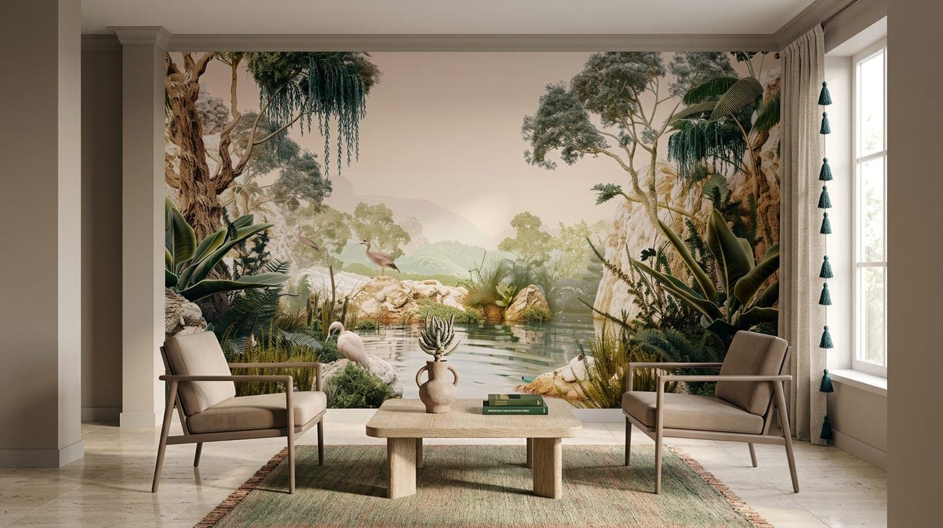 botanisch behang zachtroze oase productafbeelding groen roze panorama