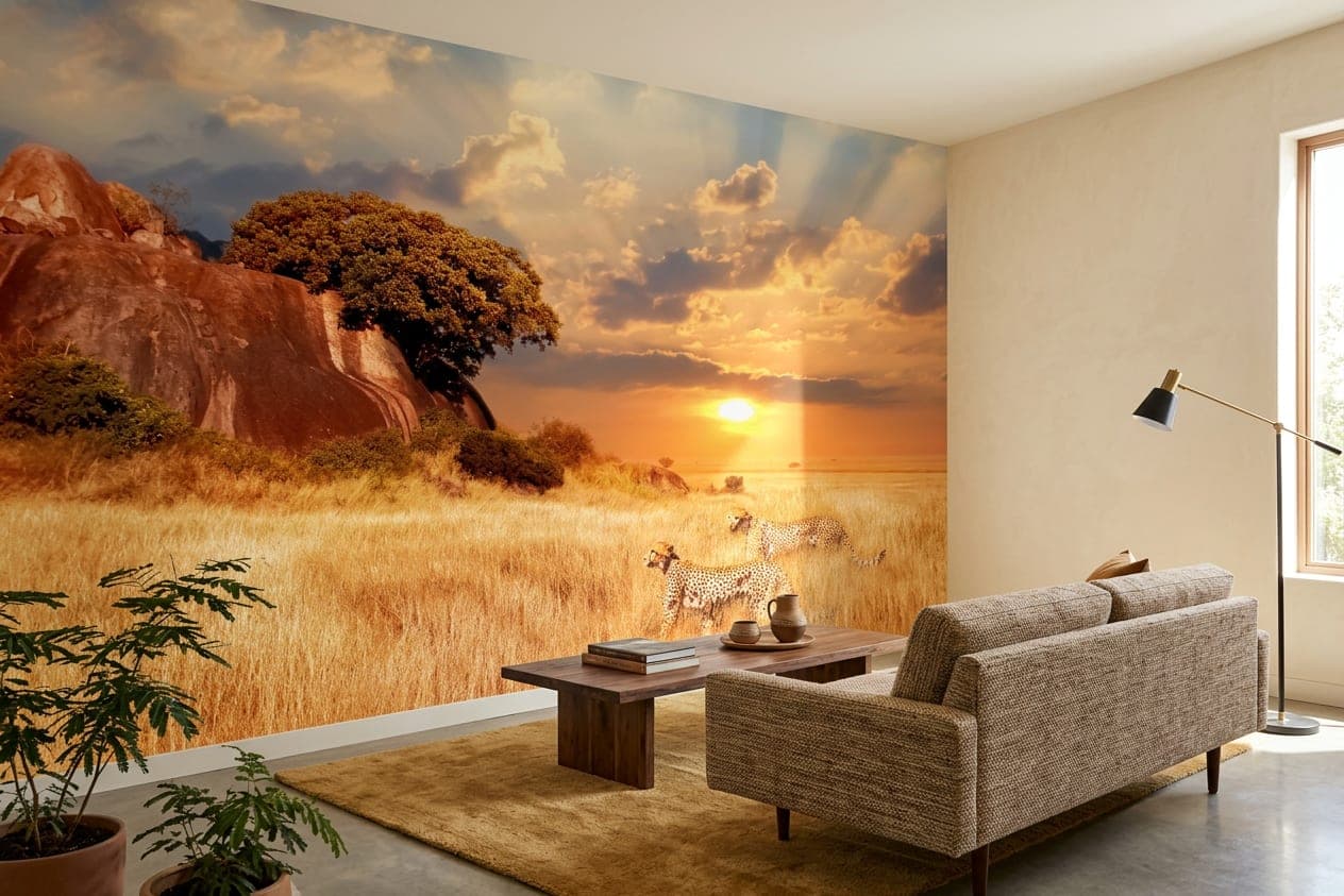 savanne behang goud woonkamer sfeer cheetah natuur panorama mural