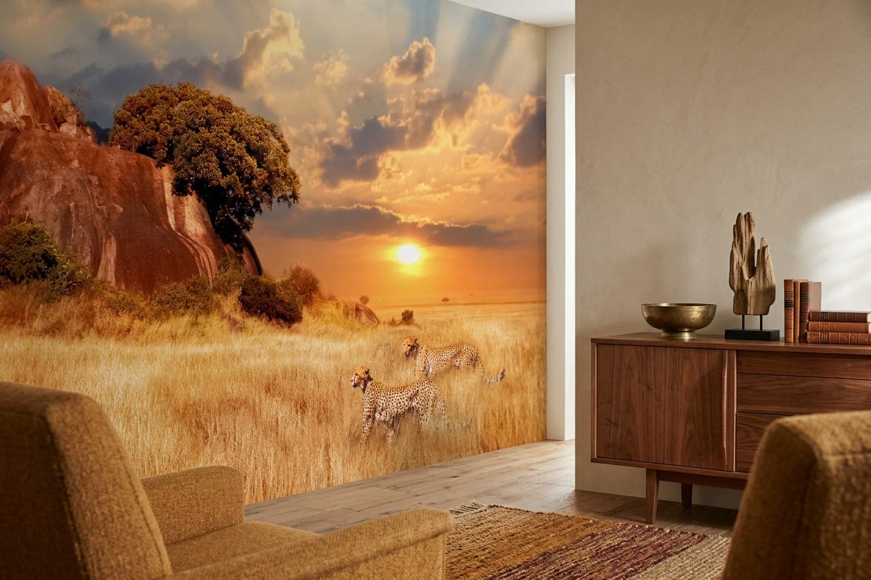 savanne fotobehang goud woonkamer Afrikaans landschap avondzon mural muurbekleding