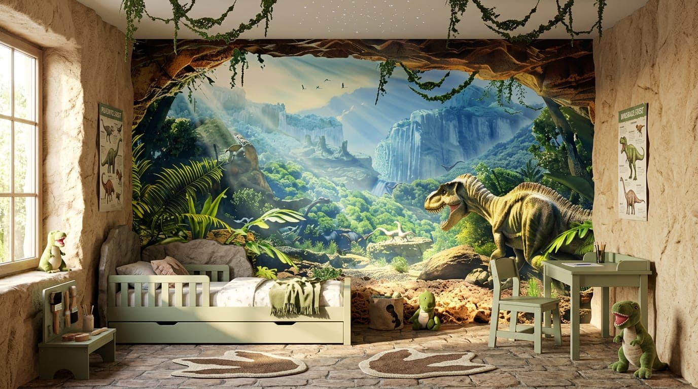 dinosaurus avontuur kinderkamer grotzicht behang op maat in groen