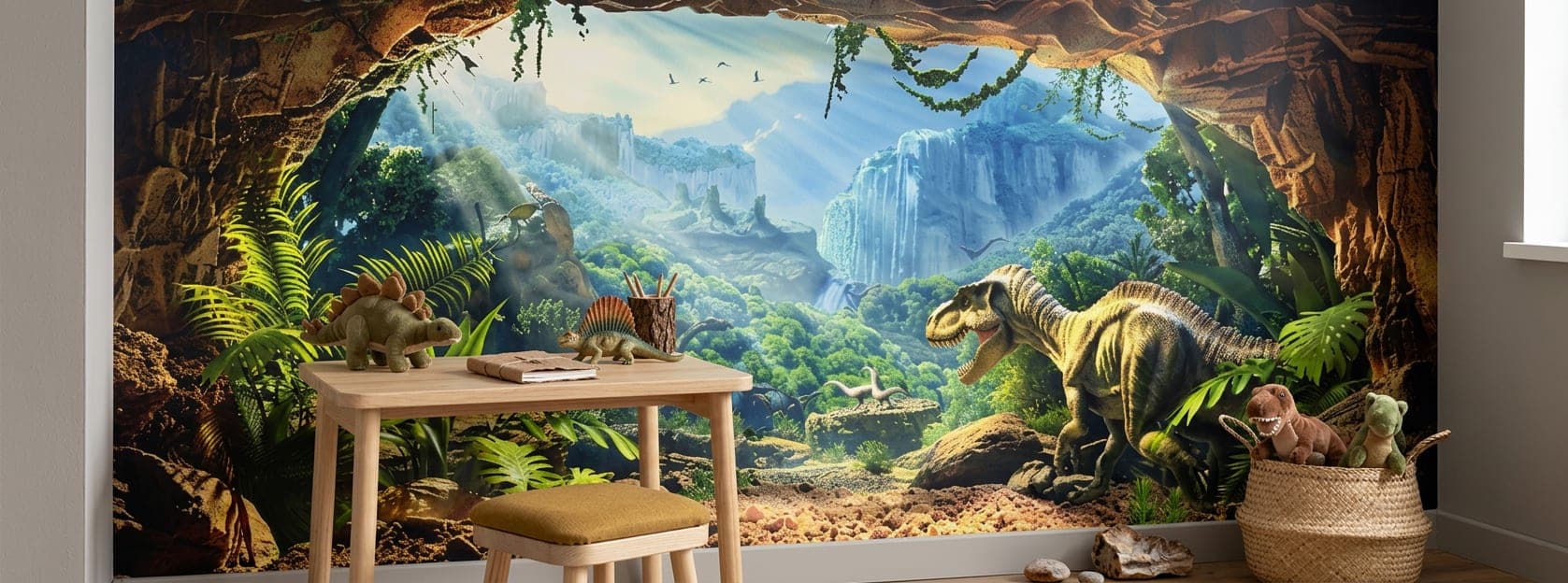 naadloos dinosaurus avontuur kinderkamer grotzicht behang op maat