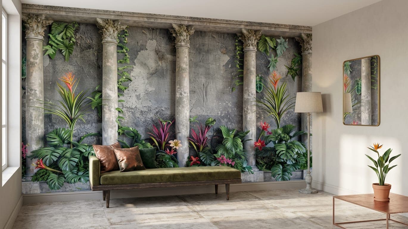 jungle behang klassieke zuil hal botanisch groen tropische sfeer
