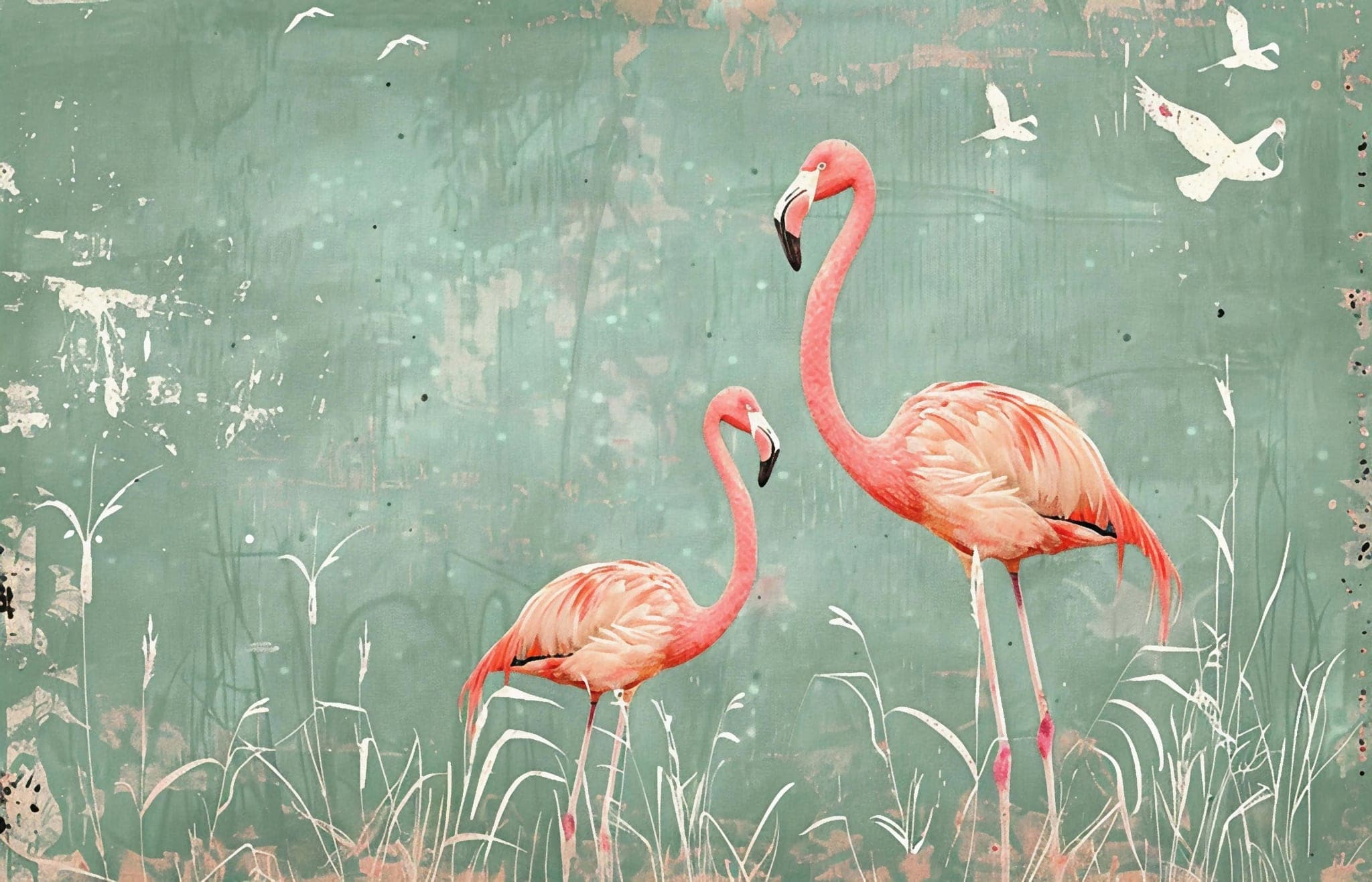 Flamingo Fotobehang met Vintage Groen Patina