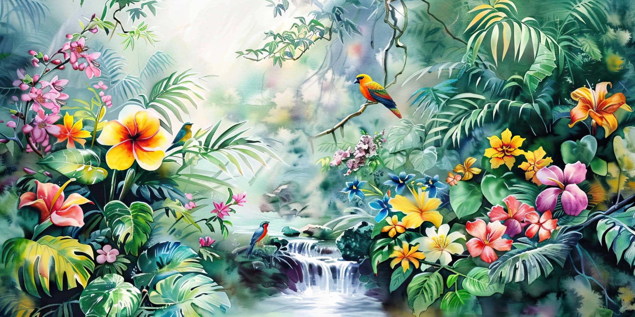 Tropisch Bloemen Fotobehang met Waterval en Vogels