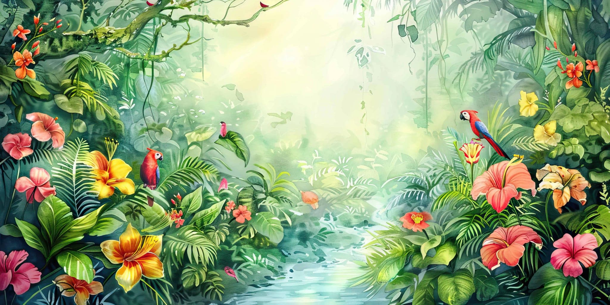 Tropisch Jungle Behang met Papegaaien en Lichtval