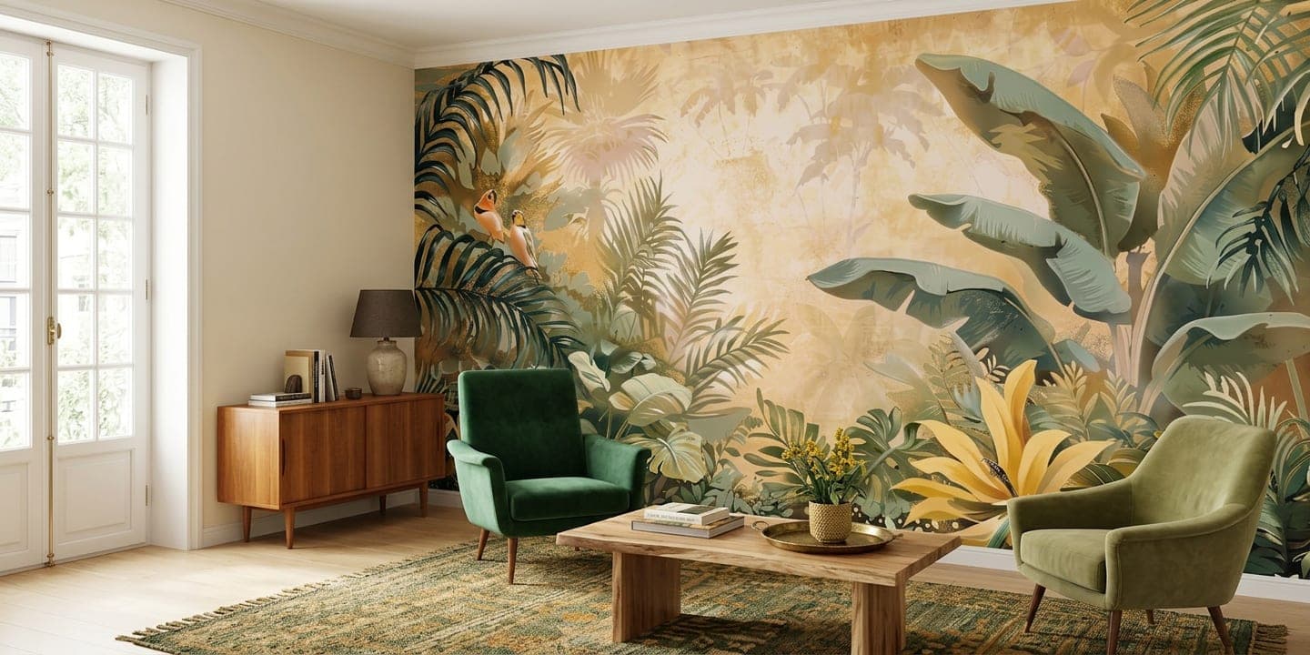 botanisch behang tropische vogels woonkamer okergeel groen tinten
