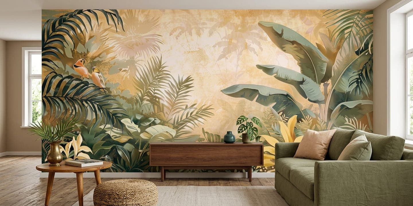 botanisch behang woonkamer modern interieur zandgeel groen print muurbekleding