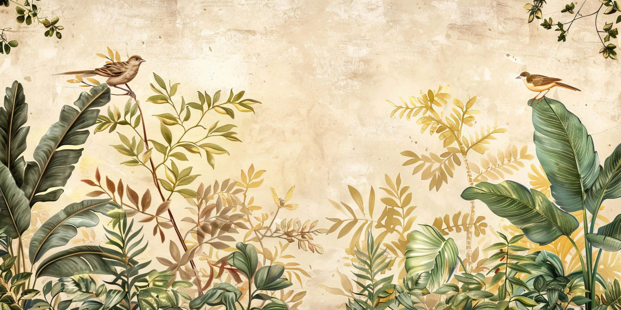 Botanisch Vogel Fotobehang met Warme Kalktinten