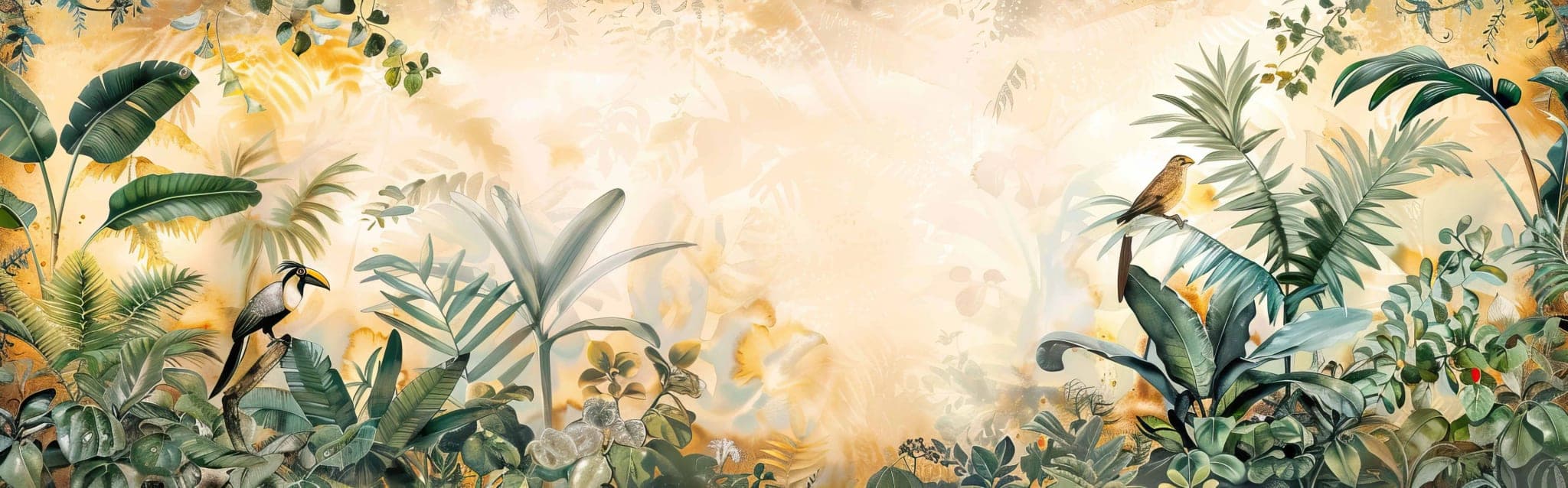 Zonnig Jungle Behang met Tropisch Blad en Vogelexplosie