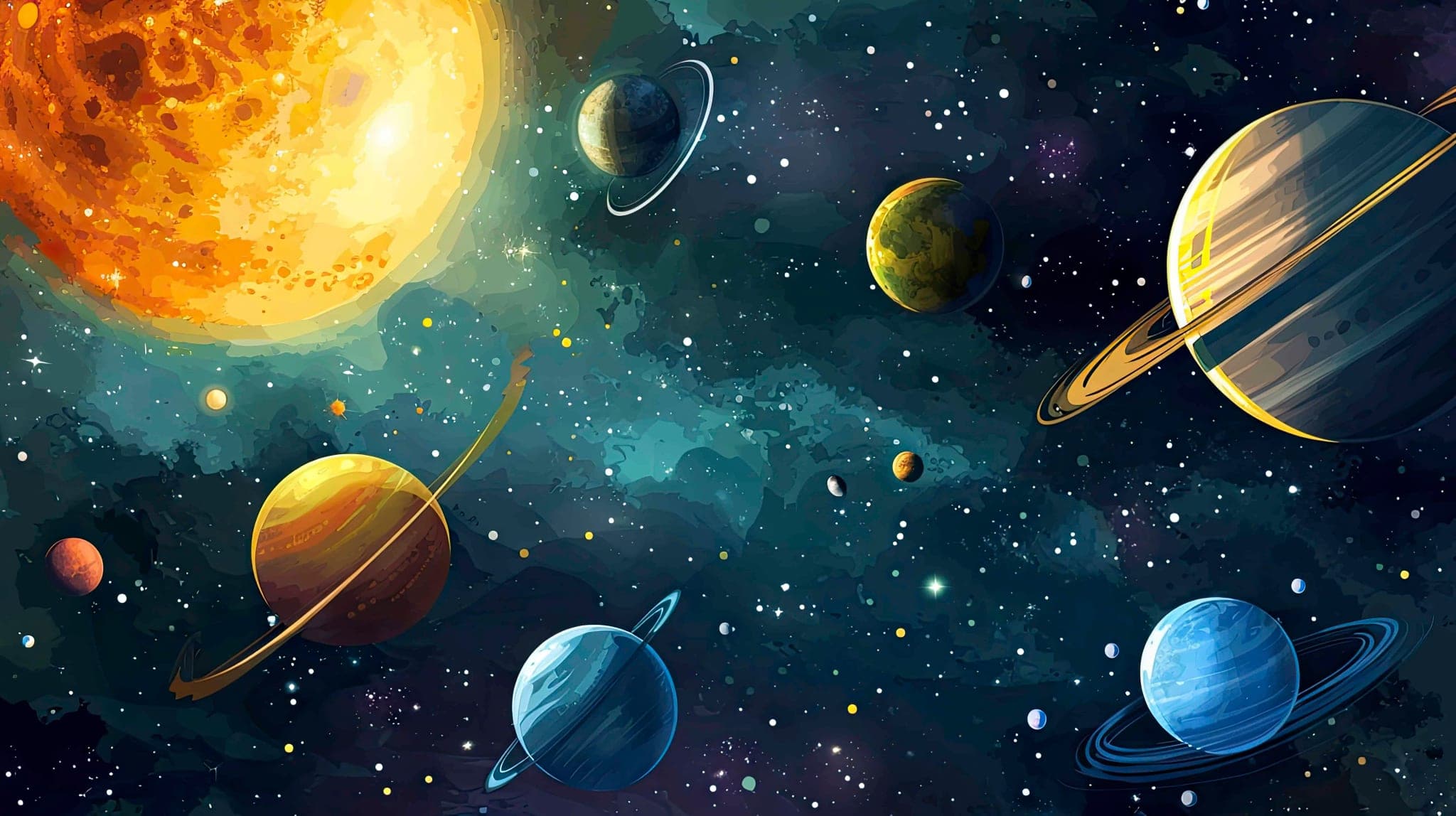 Ruimte Planeten Behang met Diepblauwe Aquarelhemel