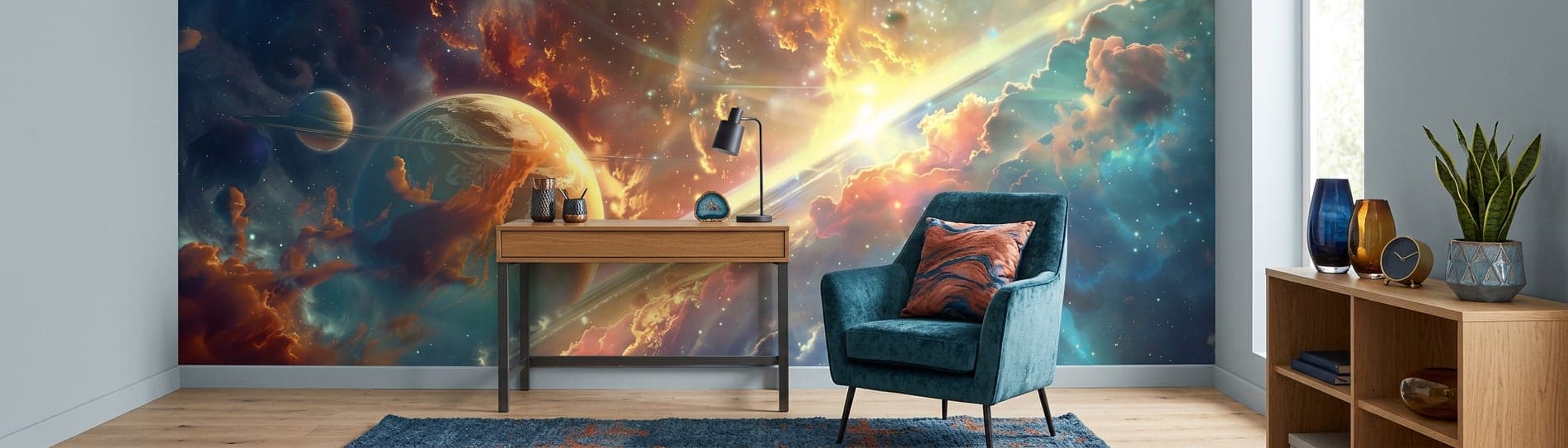 ruimte behang planeten goudblauw kantoor blauwe stoel