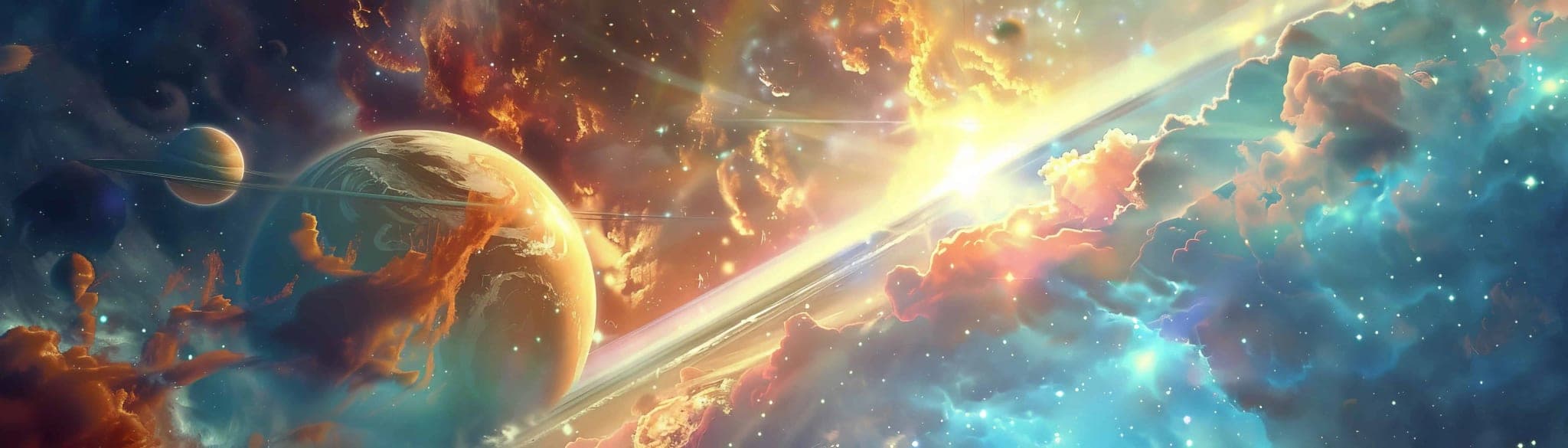 Fotobehang Ruimtelijk Planetenlandschap met Zonnestralen