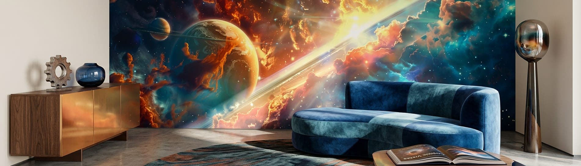 ruimte behang planeten goudblauw detail zonder meubels