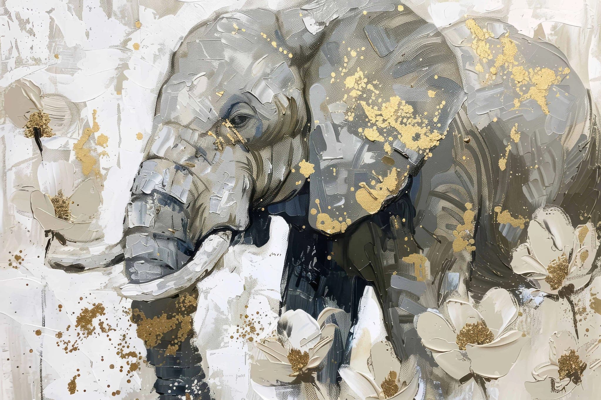 Olifant Fotobehang met Goudaccenten en Bloemenpracht