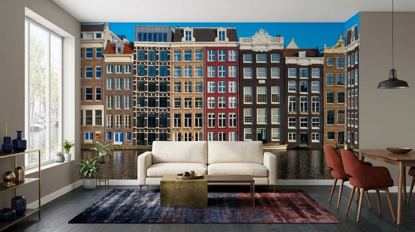 amsterdam behang grachtenpand woonkamer blauw detail