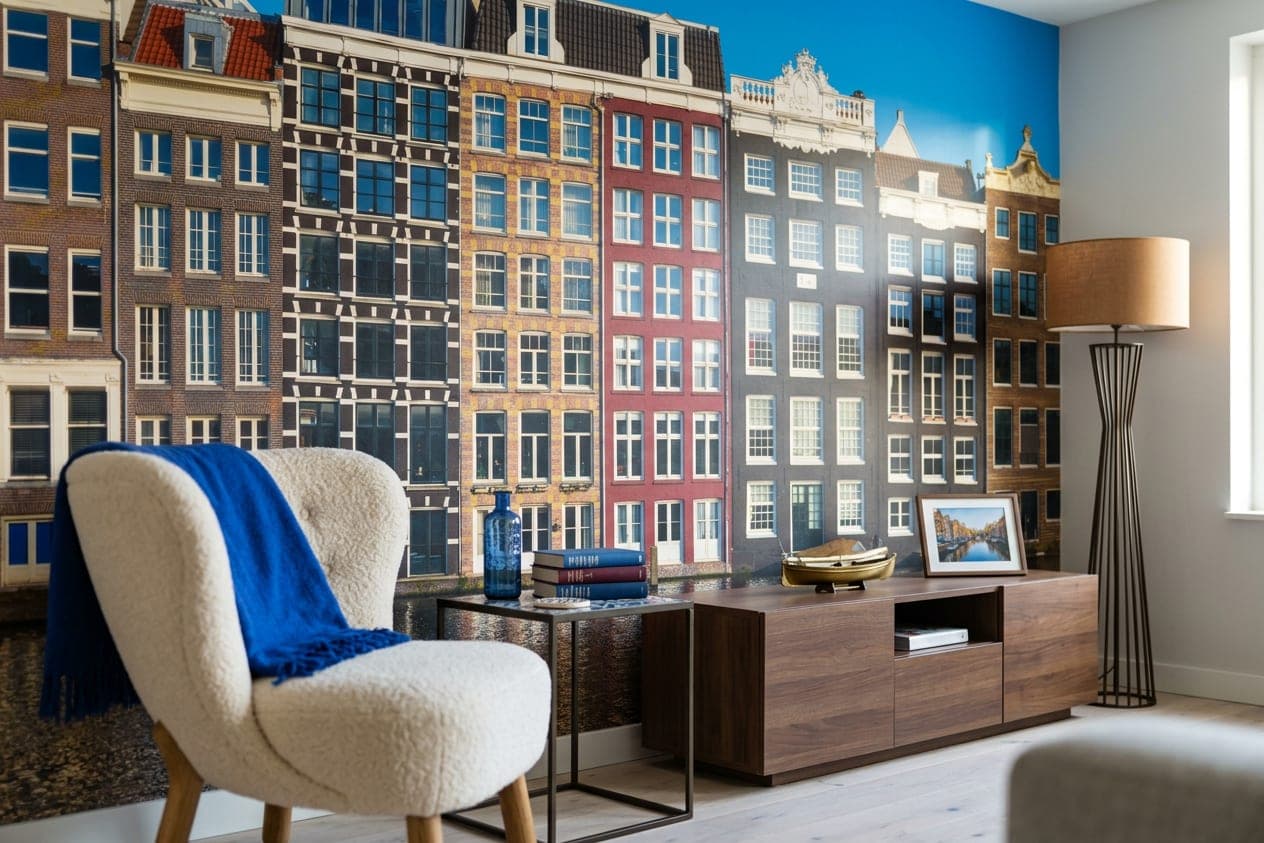 amsterdam behang grachtenpand product helderblauw