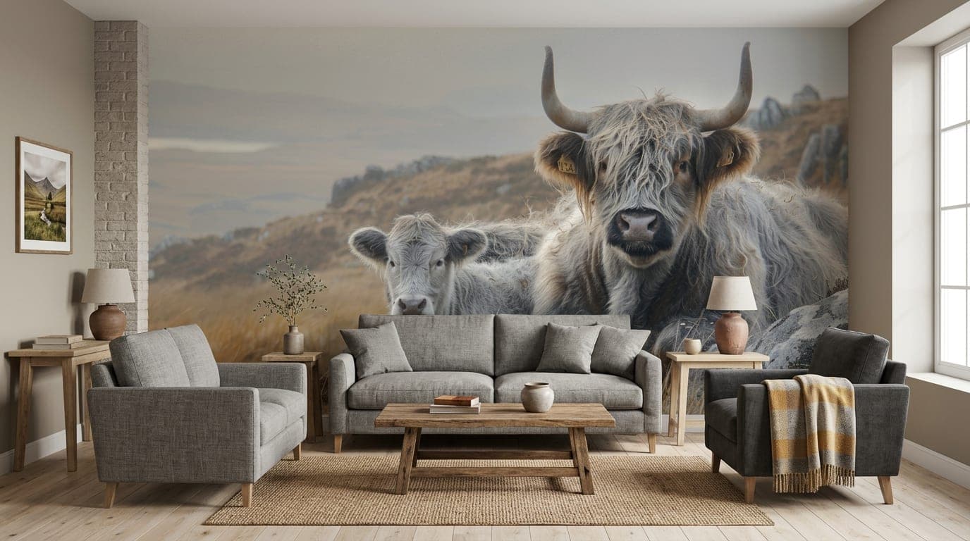 hooglander behang mistig goudbruin woonkamer modern stijl