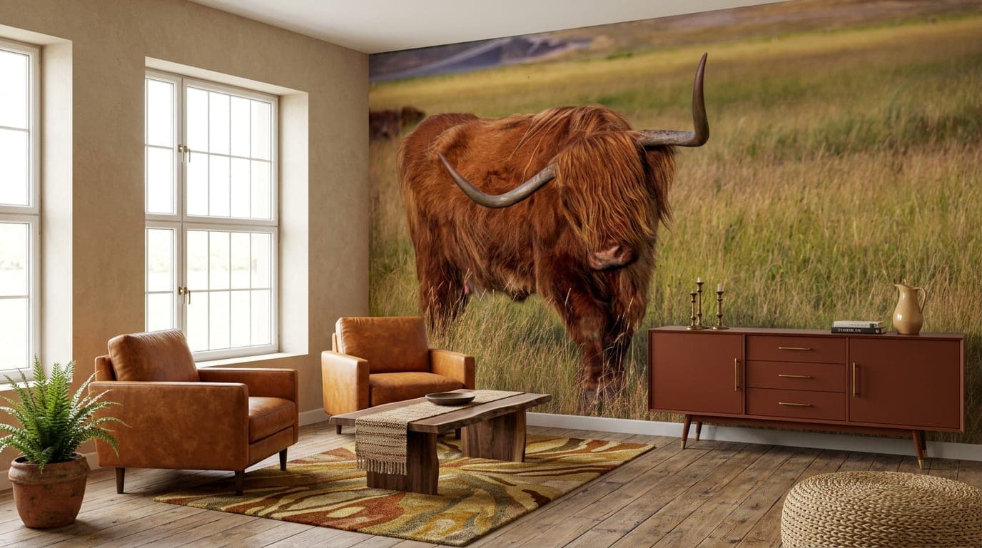 hooglander behang woonkamer naturel tinten goudgeel gras