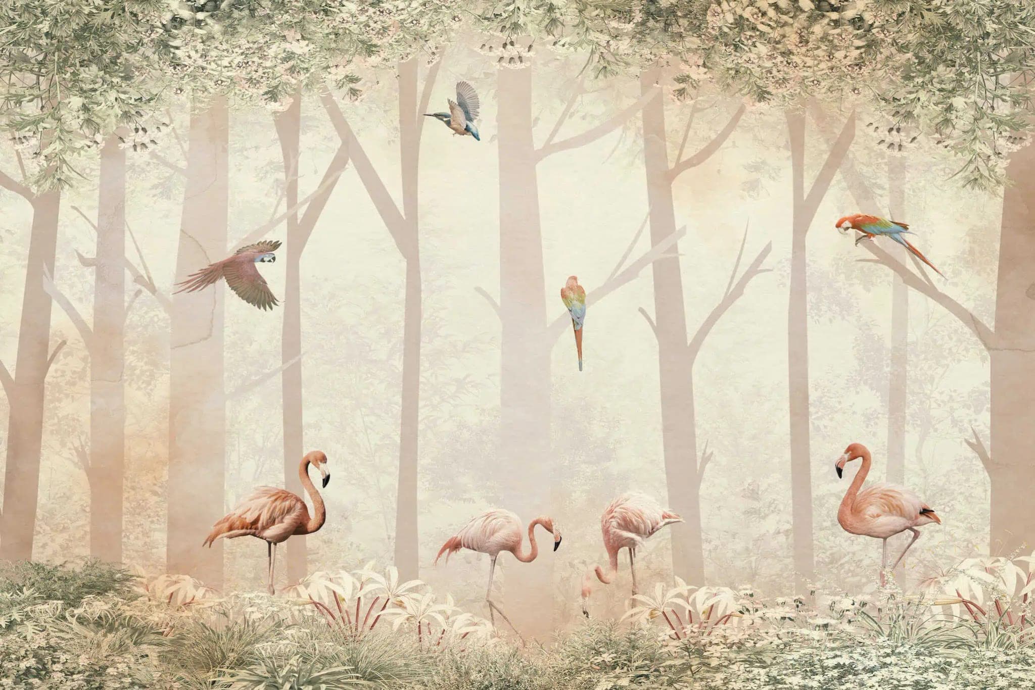 Fotobehang Dromerig Bos met Flamingo’s en Tropische Vogels