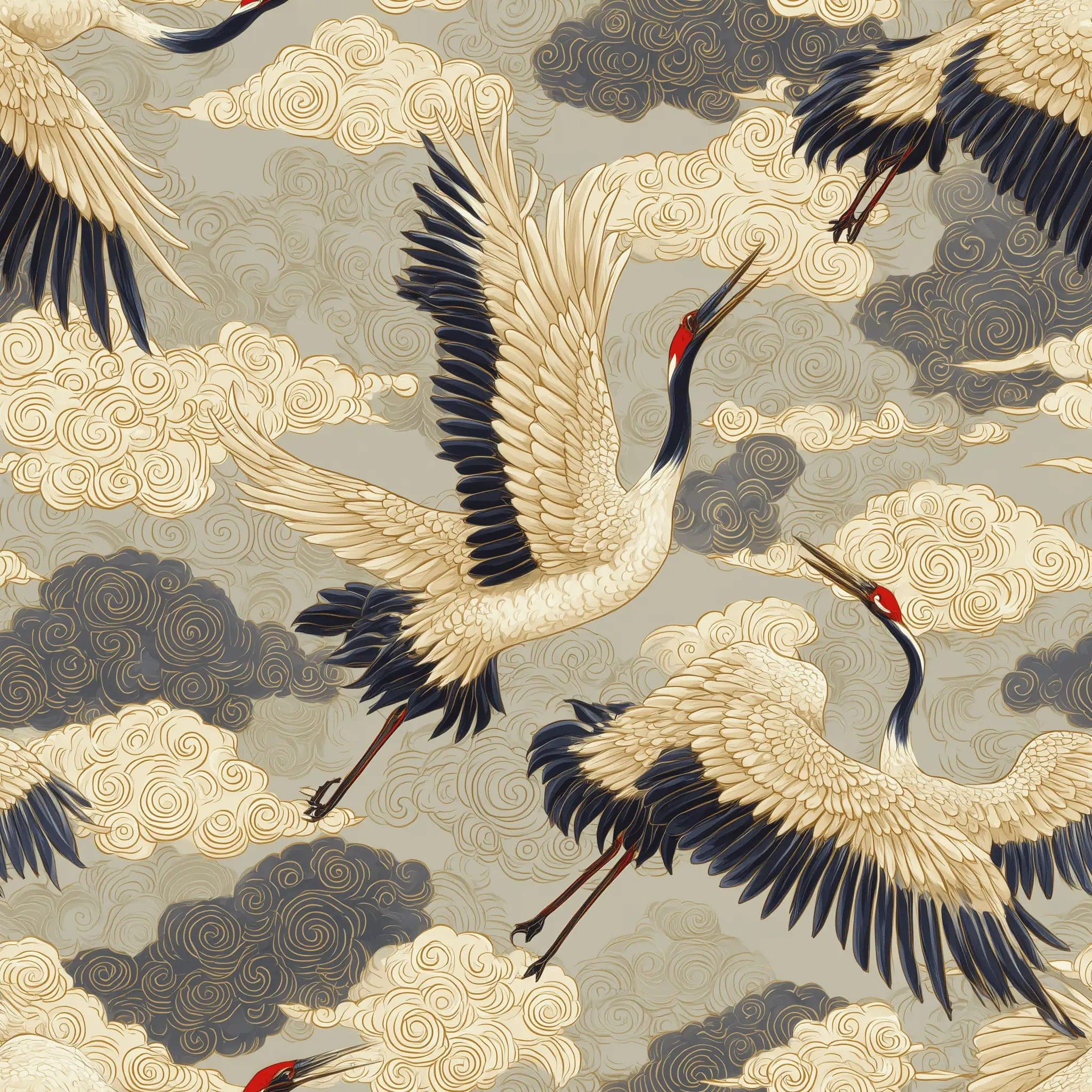 Japans Kraanvogels Behang met Gouden Wolken op Grijze Lucht