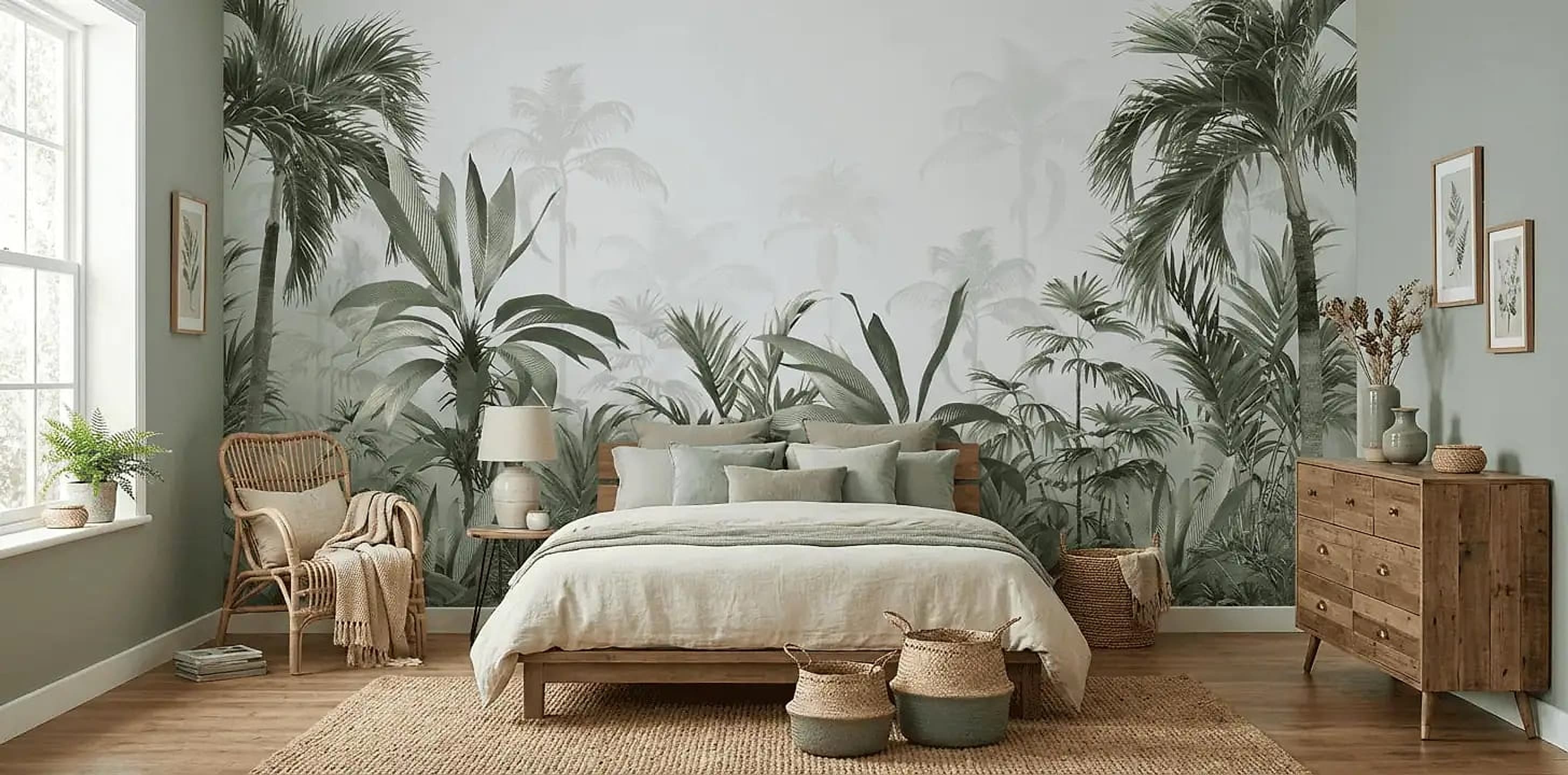 Premium fotobehang jungle in een rustgevende slaapkamer