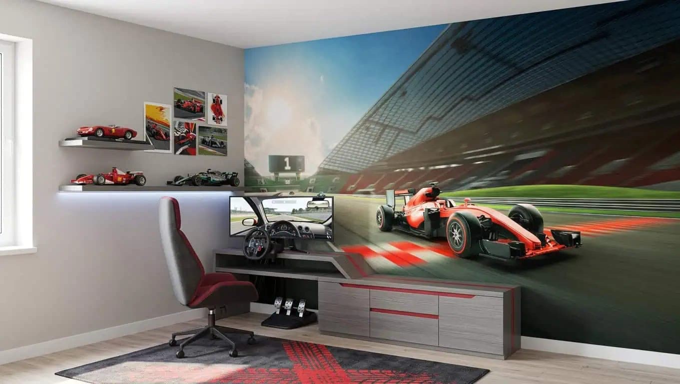 racebaan behang formule1 kantoor game bureauruimte rood zwart print