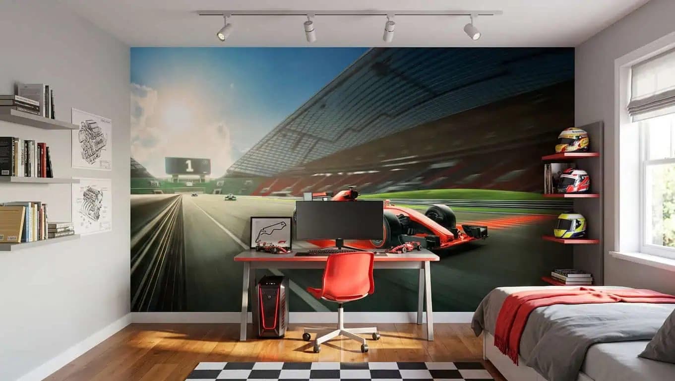 racebaan behang formule1 jongenskamer bed grijs rood zwart