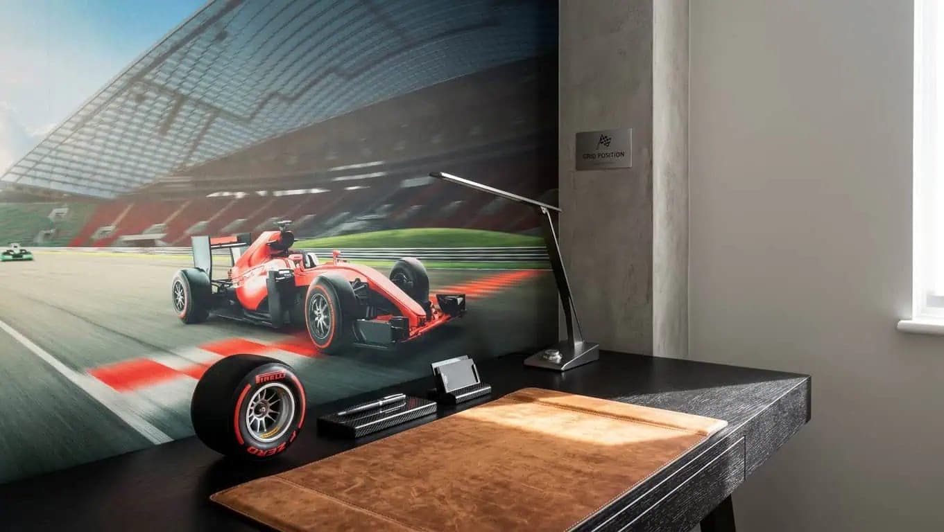 racebaan behang formule1 detail bureau modern zwart wit