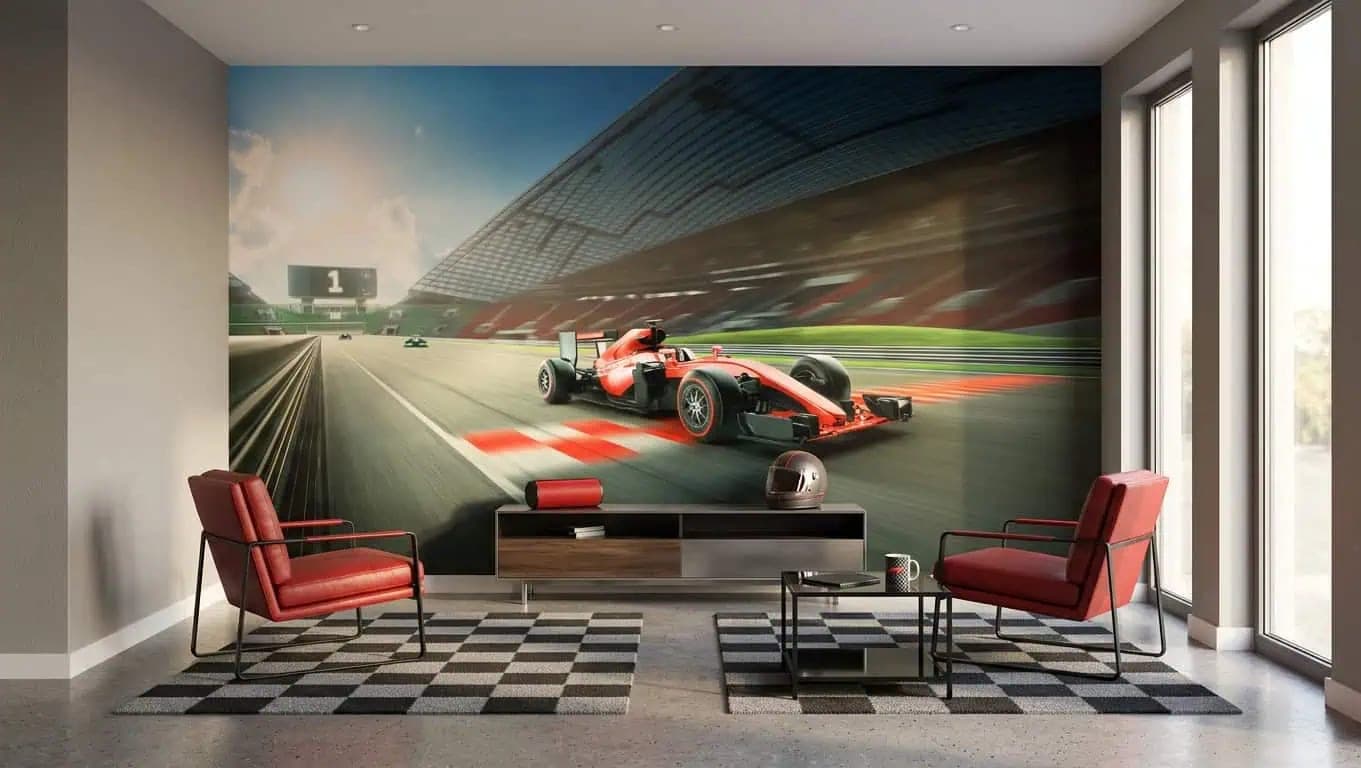 racebaan behang formule1 woonkamer lounge rood zwart modern
