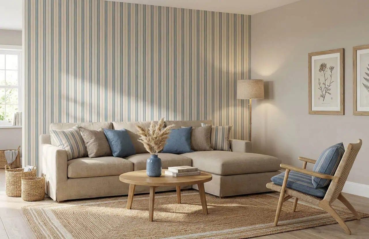 strepen behang zachtblauw beige woonkamer verticaal patroon