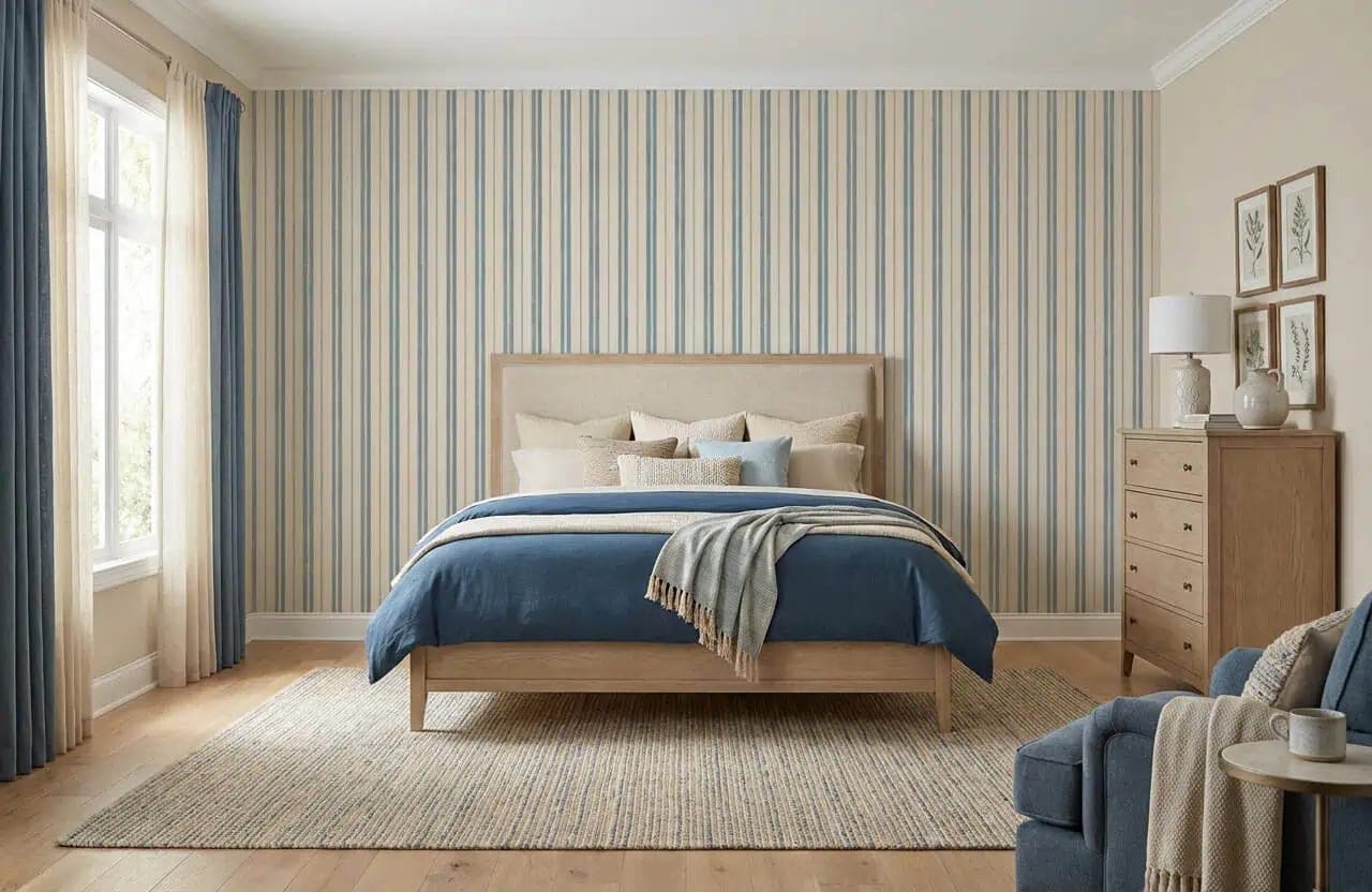 strepen behang zachtblauw beige slaapkamer Scandinavisch rustig