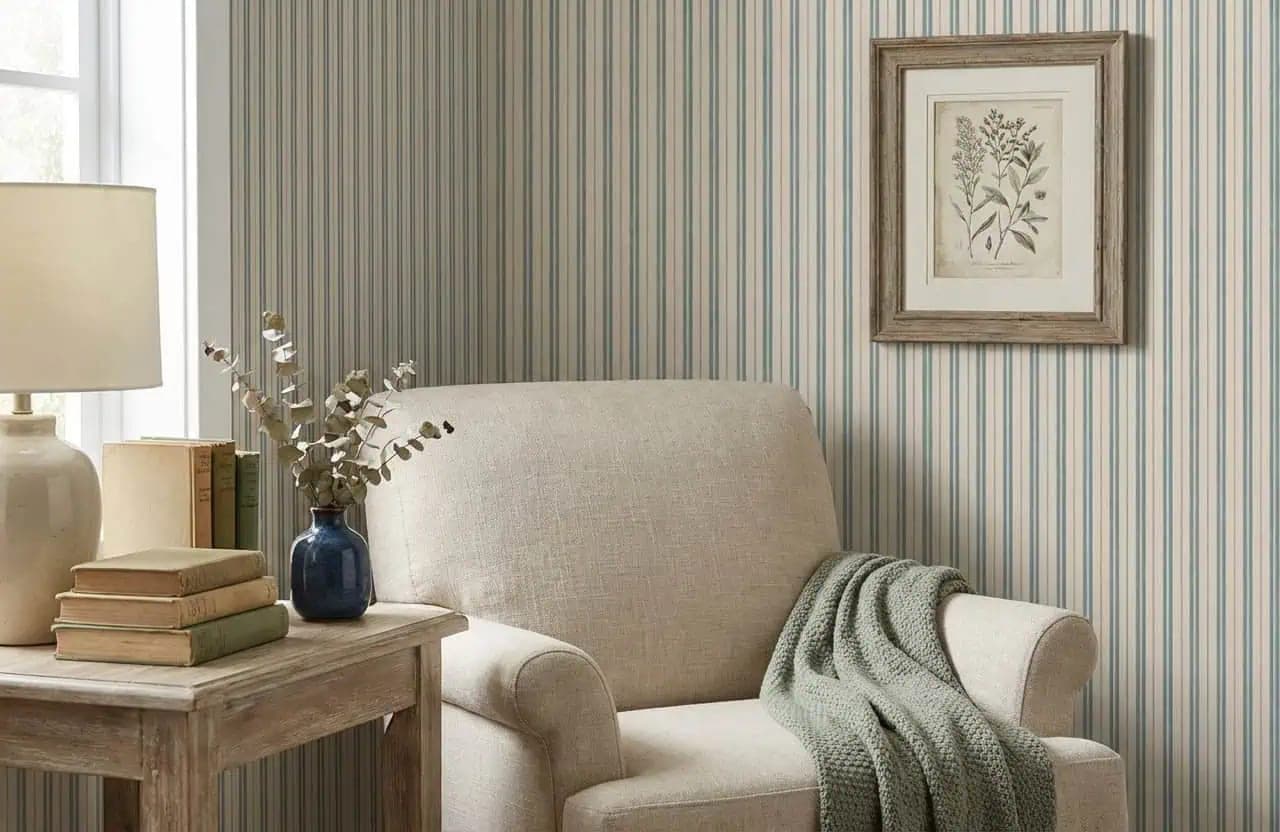 strepen behang zachtblauw beige fauteuil landelijke stijl