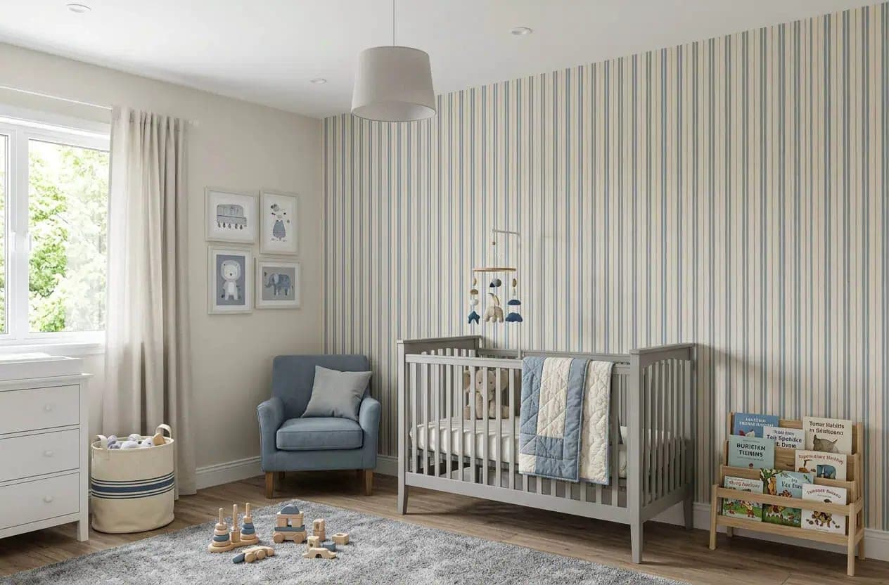 strepen behang zachtblauw beige kinderkamer neutrale kleuren