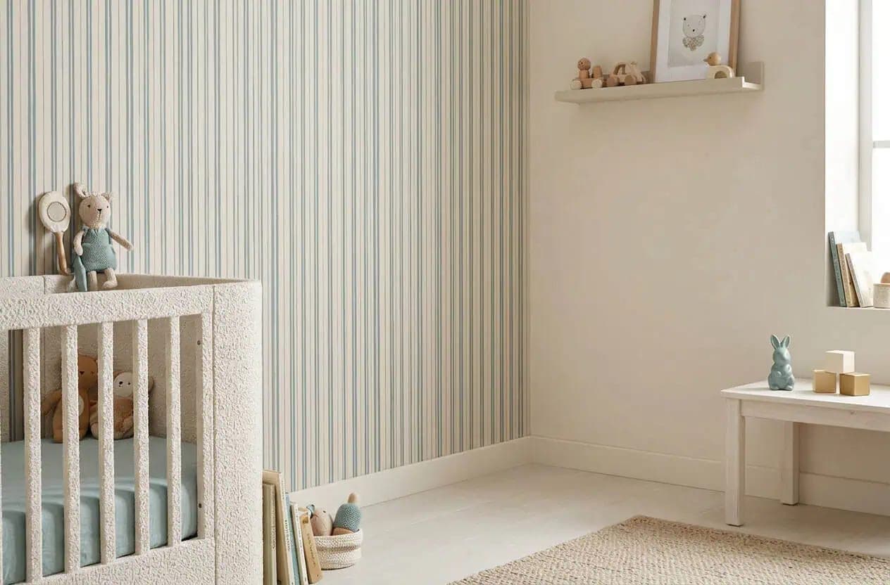 strepen behang zachtblauw beige babykamer rustige basis pastel