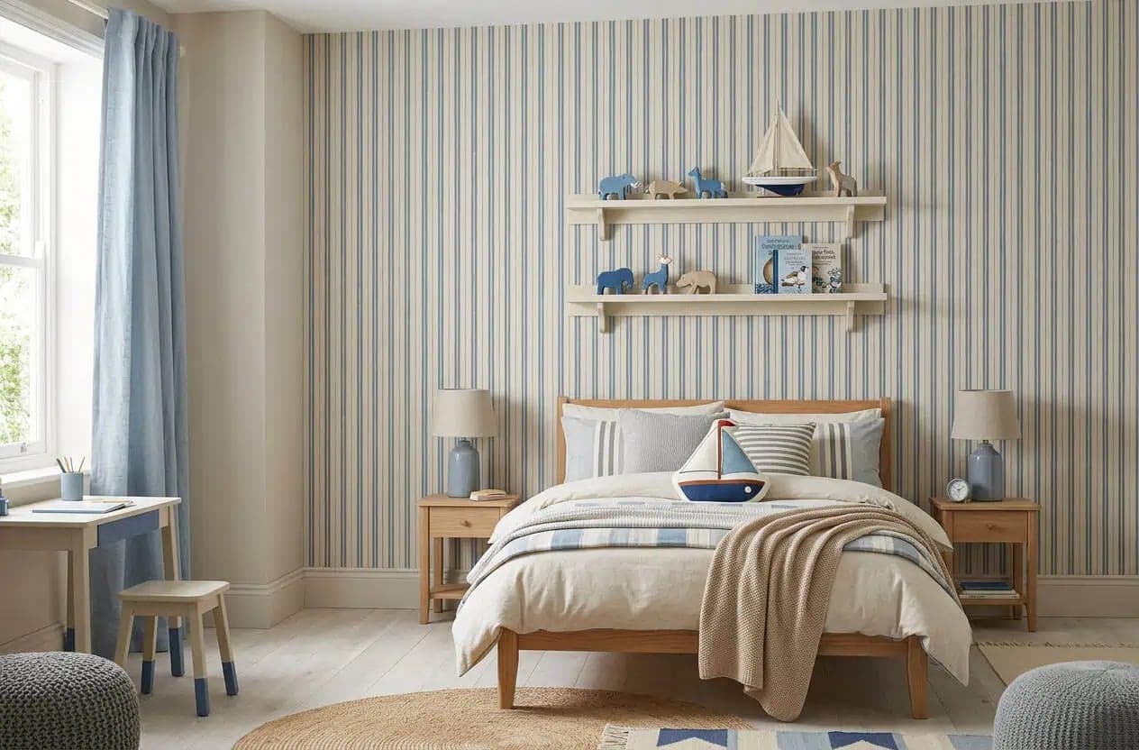 strepen behang zachtblauw beige kinderkamer jongenskamer nautisch accentmuur