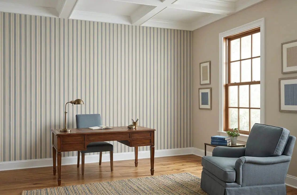 strepen behang zachtblauw beige kantoor klassiek modern mix