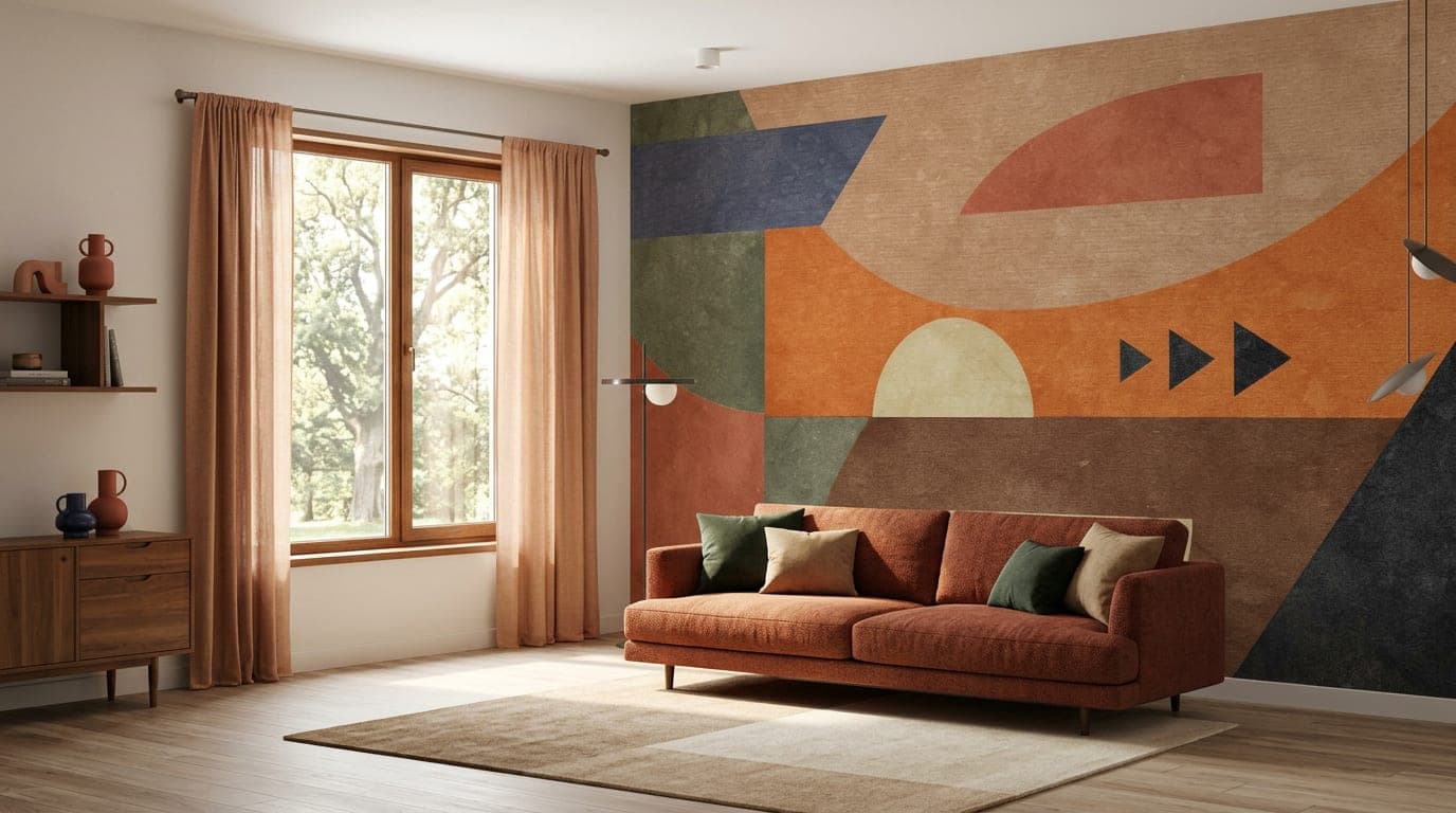 abstract behang geometrisch retro woonkamer met grote bank