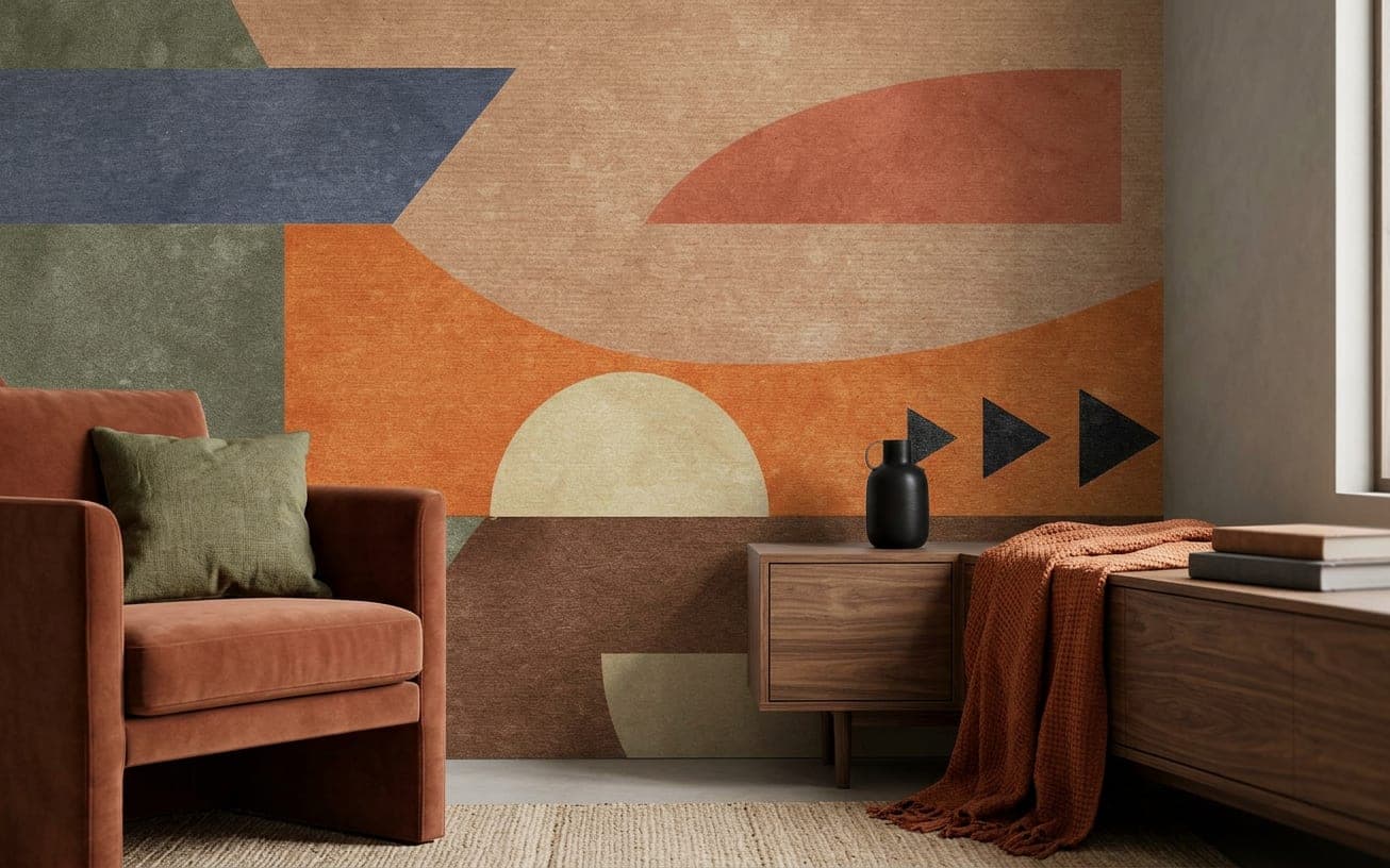 abstract behang geometrisch detail fauteuil bruintinten groenblauw