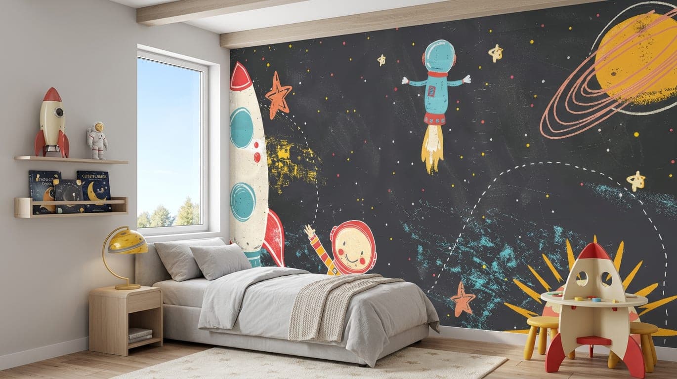 ruimte behang avontuur donker kind kinderkamer grafietblauw