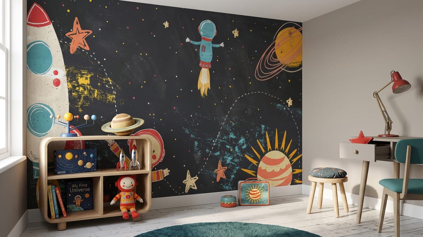 ruimte behang avontuur donker jongenskamer accentmuur blauw