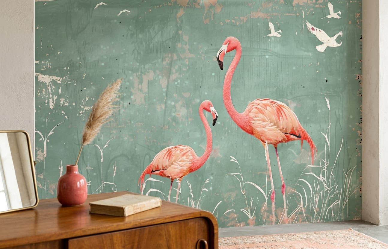 flamingo behang vintage groen design closeup productafbeelding