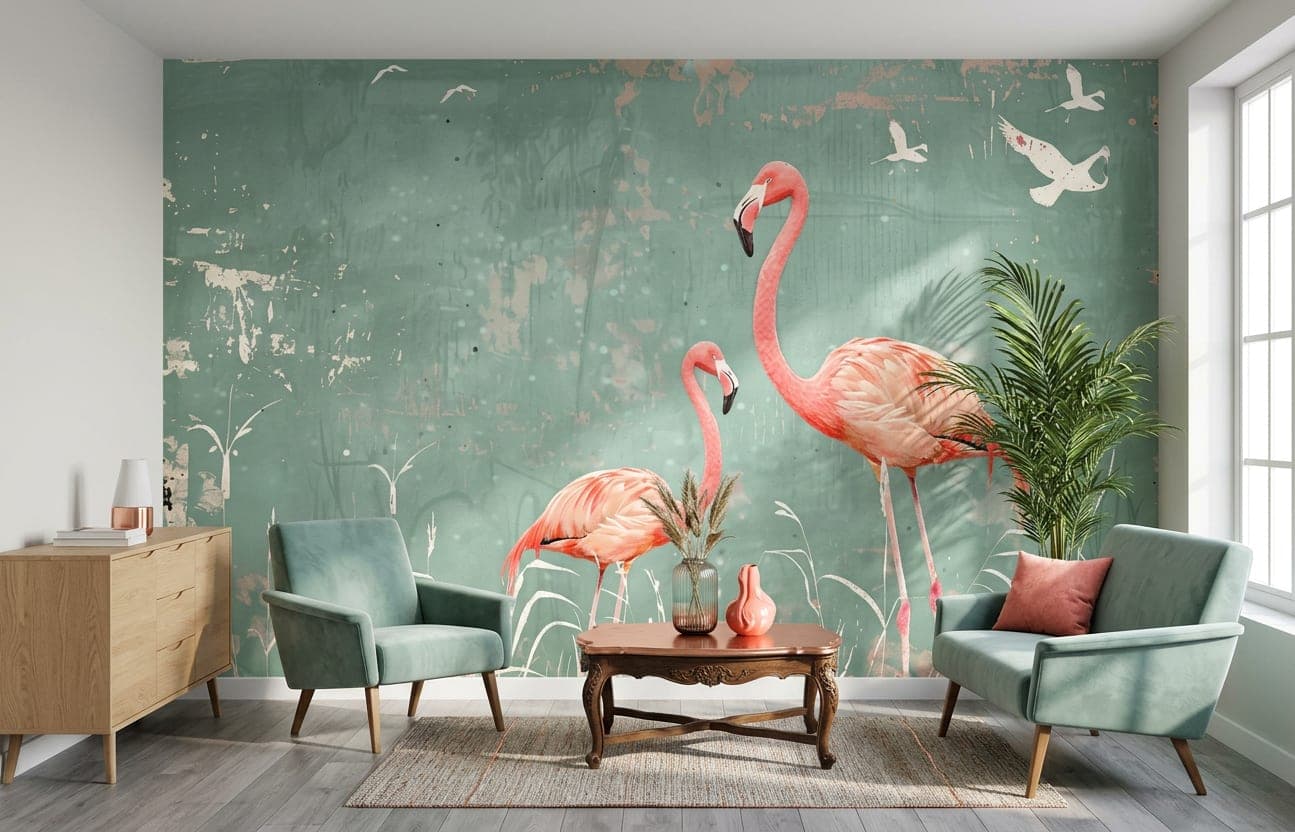naadloos flamingo vintage groen patina behang op maat