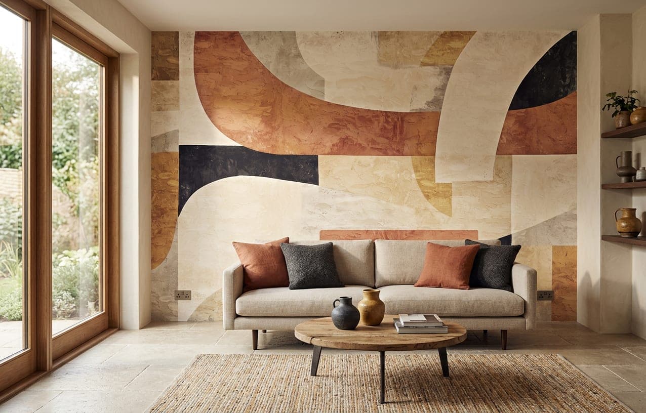 abstract behang terracotta structuur woonkamer warm beige oranje bruin tinten