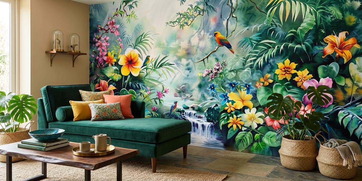 tropisch behang bloemen waterval close-up heldere tinten