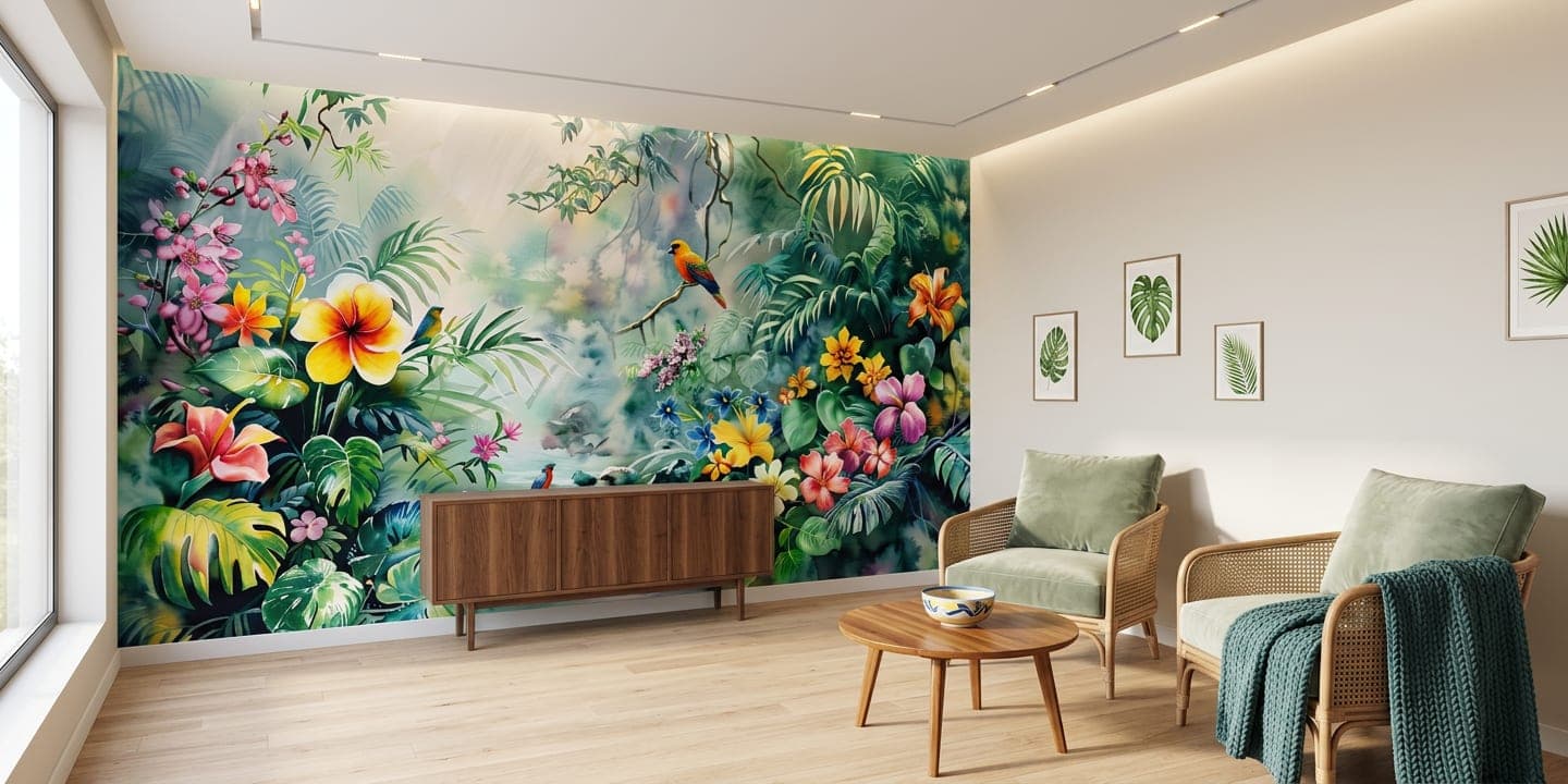 tropisch behang bloemen waterval woonkamer okergeel groen botanisch