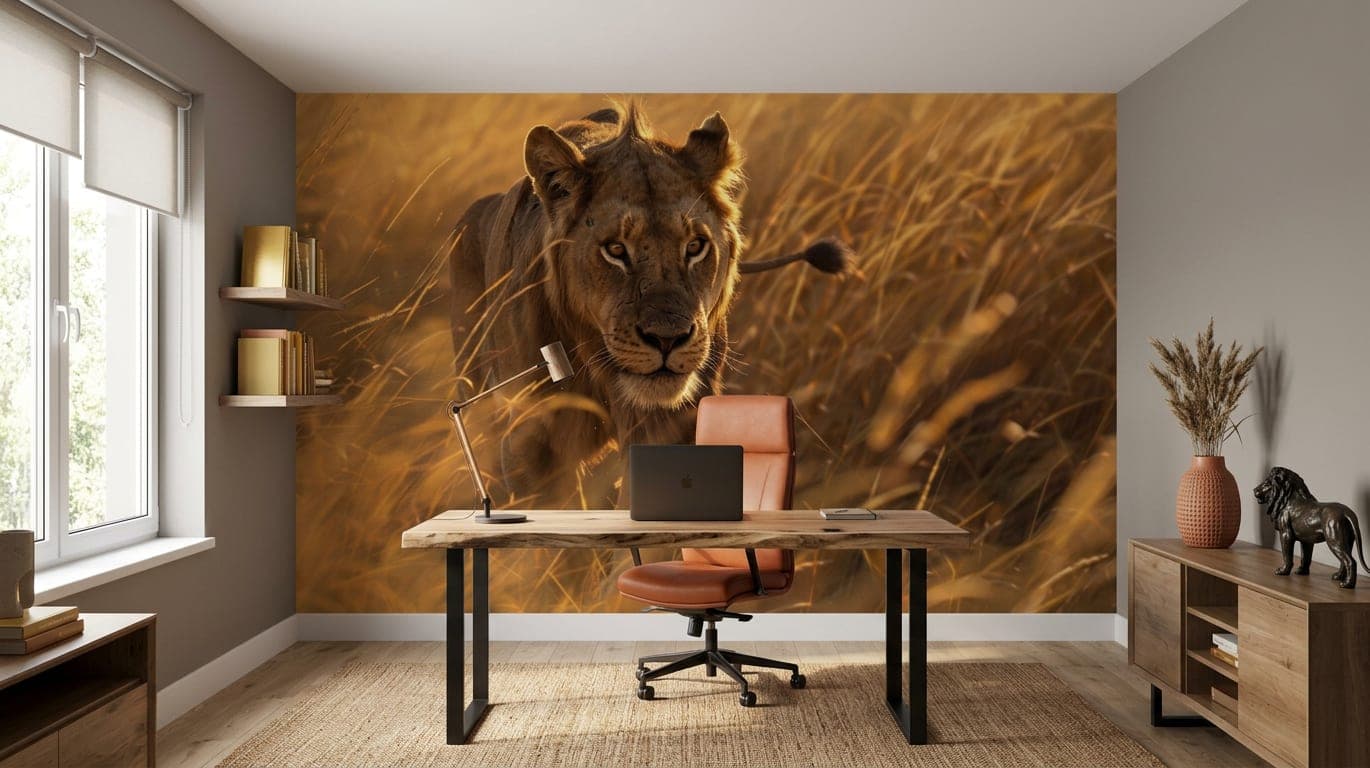 dieren behang savanne leeuw okergeel kantoorwand
