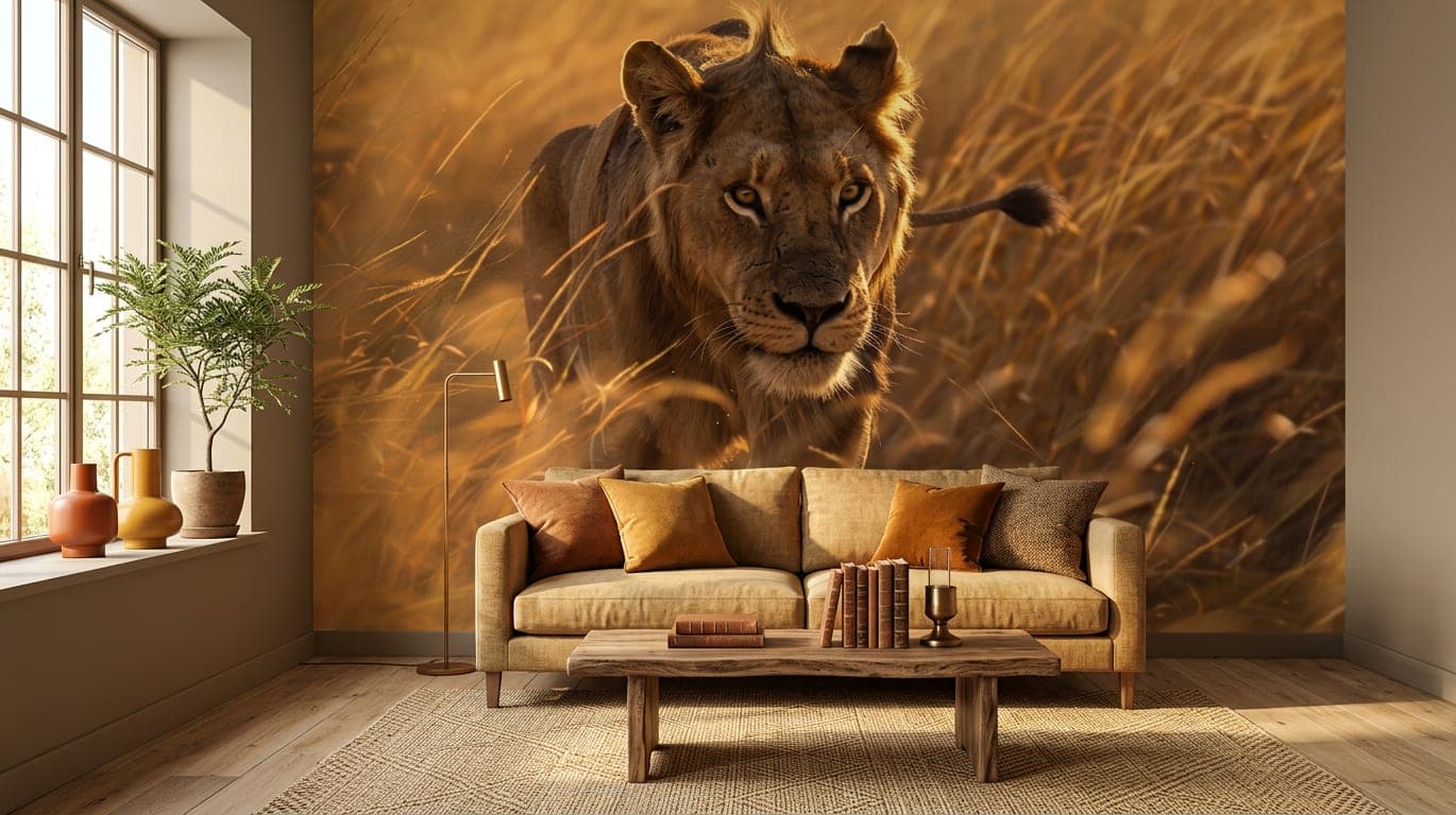 dieren behang savanne leeuw woonkamer safari bruintinten