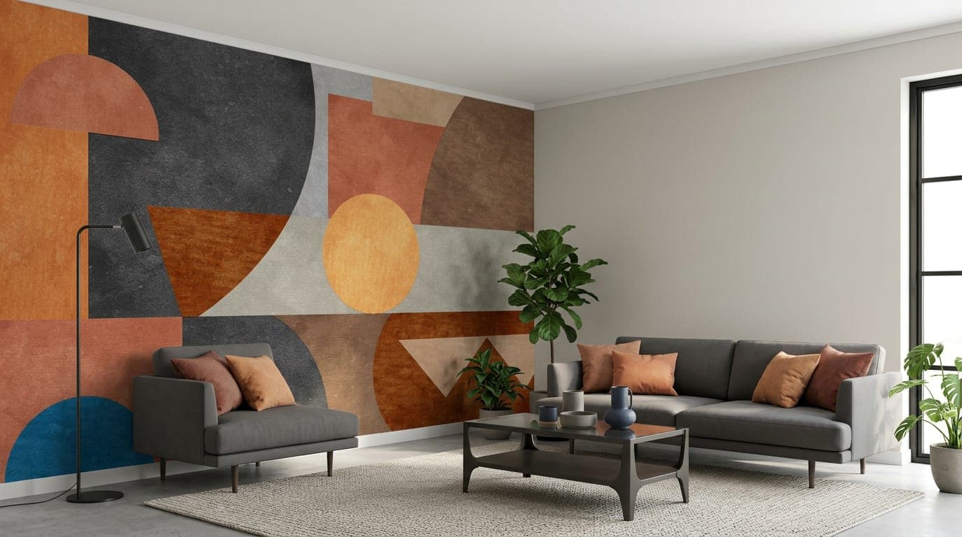 geometrisch behang retro aardetinten woonkamer sfeerbeeld